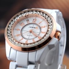 Elegant Lady Women Big Size White Steel Noble Diamonds Quartz Watch Rose Gold