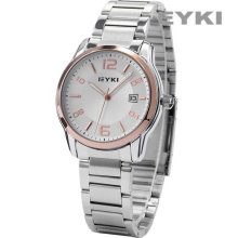 Eyki Vogue Elegant White Date Analog Stainless Steel Men Quartz Wrist Watch Usts