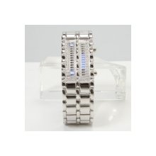 Faceless Digital Blue LED Style Steel Watchband Case Wrist Watch Silver