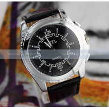 Fashio Design Mens Silver Black Leather Sports Quartz Wrist Watch Hours Cool