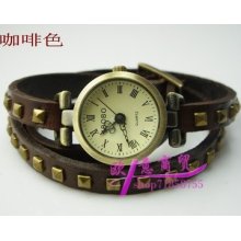 Fashion Rivets Mosaic Leather Strap Roma Number Dial Quartz Watch Low Price