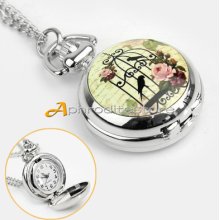 Fashion Silver Birdcage Rose Case Pendant Necklace Chain Quartz Pocket Watch