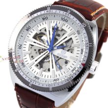 Fashion Silvery Skeleton Watch Automatic Mechanical Goer Mens Wrist Brown Band