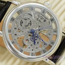 Fashion Skeleton Mechanical Roman Number Watch Casual Mens Hand Wind