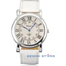 Fashion White Leather Strap Round Roman Number Dial Office Women Men Cuff Watch