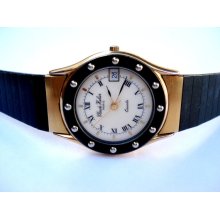 Fine Watch French CLAUDE HELIER Quartz Dial Enamel Calendar Case Gold Micronada 1970c Men 32mm Workin