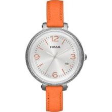 FossilÂ® Orange Ladies Silver-Tone Stainless Steel and Orange Leather Heather Three-Hand Watch