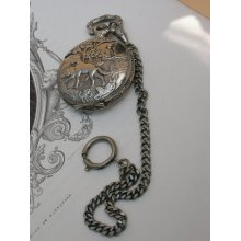 French vintage silver pocket watch chain hunter watch hunting dog hunt ornate quartz