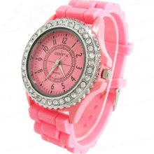 Geneva Crystal Silicone Jelly Quartz Sports Watch Menâ€˜s Lady Women Pink Colors