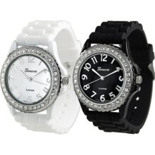 Geneva Platinum Set of 2 Womens Rhinestone Silicone Watches - White/Black Multi 9