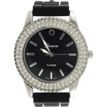 Geneva Platinum Women's Quartz Rhinestone Accent Black Silicone Strap Watch