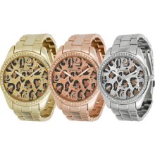 Geneva Platinum Womens Rhinestone-Accented Cheetah Print Link Watch Silver