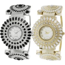 Geneva Platinum Women's Rhinestone-accented Mother of Pearl Cuff Watch (Black/Silver)