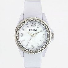 Geneva Silver-tone Simulated Crystal & Mother-of-pearl White Watch