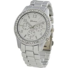 Geneva Womens Designer Inspired Chronograph Style Metallic Tone Rhinestone Watch