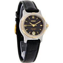 Geneve Swiss Quartz Ladies Black Dial Two Tone Black Leather Band Dress Watch