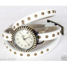 Genuine Leather Men Women Retro Long Strap Roman Dial Mosaic Rivets Wrist Watch