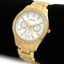 Gold Bracelet 3d Geneva Designer Style Crystal Bezel Women's Watch