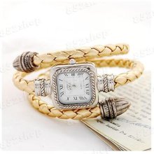 Gold Fashion Lady Shp Quartz Bracelet Style Knit Band Wrist Watch Braided Strap