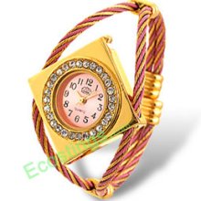 Golden & Pink Good Bracelet Quartz Watch Rhinestone Rhombic Shape