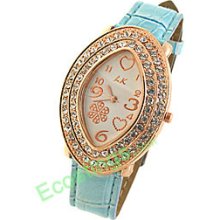 Good Cyan Faux Leather Watchband Oval Golden Watch Case Ladies' Wrist Watch