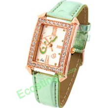 Good Jewelry Elegant Pink Golden Man-made Crystal Green Strap Women Quartz Wrist Watches