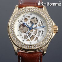 Gorgeous Crystal Decor Ak Homme Leather Band Mechanical Watch Unisex Waterproof
