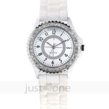Gorgeous White Silicon Strap Bling Quartz Hours Display Womens Jelly Wrist Watch