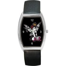 Gothic Tink Fairy on Barrel Watch w/ Leather Band NEW - Multi-color - Metal