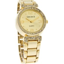 Gruen Ii Ladies Crystal Ice Champagne Dial Goldtone Bracelet Quartz Watch Grt763