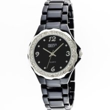 Gruen II Ladies Dress Watch w/Stone/ST Round Case, Black Dial and Black Bracelet Band