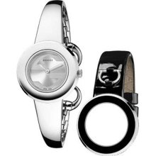 Gucci Ladies Stainless Steel Bangle Style Band Interchangeable Black Leather Strap YA129502