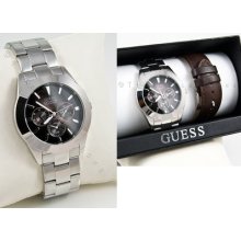 Guess Men Watch Ss Bracelet Brown Leather Strap Box Set G95424g Day Date