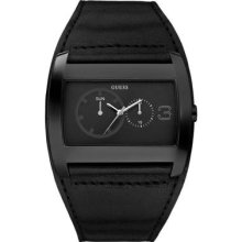 Guess Men's W12105g1 Black Stealth Day-date Dial Leather Strap Quartz Watch