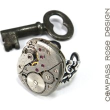 Handmade Steampunk Ring Silver Clockwork Elgin 17 Jewel Mechanical Watch - Handmade Industrial Ring on Silver