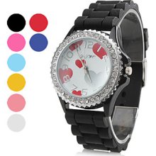Heart Women's Crystal Pattern Style Silicone Analog Quartz Wrist Watch (Assorted Colors)