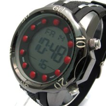 Henley Mens Big Digital Watch Light Stopwatch Silicone Strap Blk/red 335