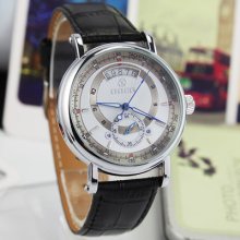 Hot Mens White Nice Date Second Subdial Automatic Wrist Watch Black Leather
