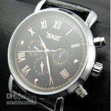 Jaragar Men Leather Watch Dive Mechanical White Black Dial Mens Wris