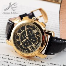 Ks Automatic Mechanical Date Day Black Leather 6 Hands Sport Mens Watch Gift