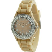Ladies Beige Silicone Watch w/ Crystals on Silver Bezel - Silver - Silver - One Size