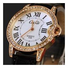 Ladies Black Wristwatch, Gold And Crystal Exterior Frame