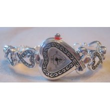 Ladies Geneva Watch-stainless Scrollwork Heart Bezel & Brighton Tin Included