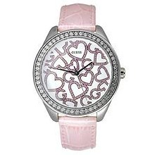Ladies Guess G76048l Pink Croco Leather Crystal Heart Watch