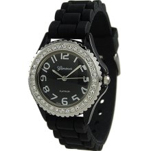 Ladies Mens Black Silicone Watch w/ Crystals on Silver Bezel - Silver - Silver - One Size