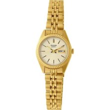 Ladies Pulsar By Seiko Pxx004 Quartz Date Gold Dial Stainless Watch