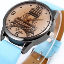 Lady Elegant Eiffel Tower Leather Band Girl Women Kids Analog Quartz Sport Watch