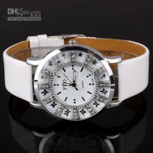 Lady Fashion White Dial Leather Quartz Wristwatch Stainless Steel Ba