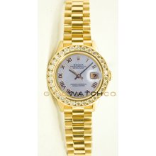 Ladys 18K Yellow Gold President Model 69178 Custom Added MOP Roman Dial & 2CT Diamond Bezel