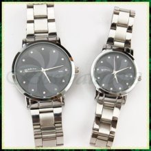 Lady's Men's Couples Lovers Bling Diamond Crystal Silver Tone Wrist Watch Quartz